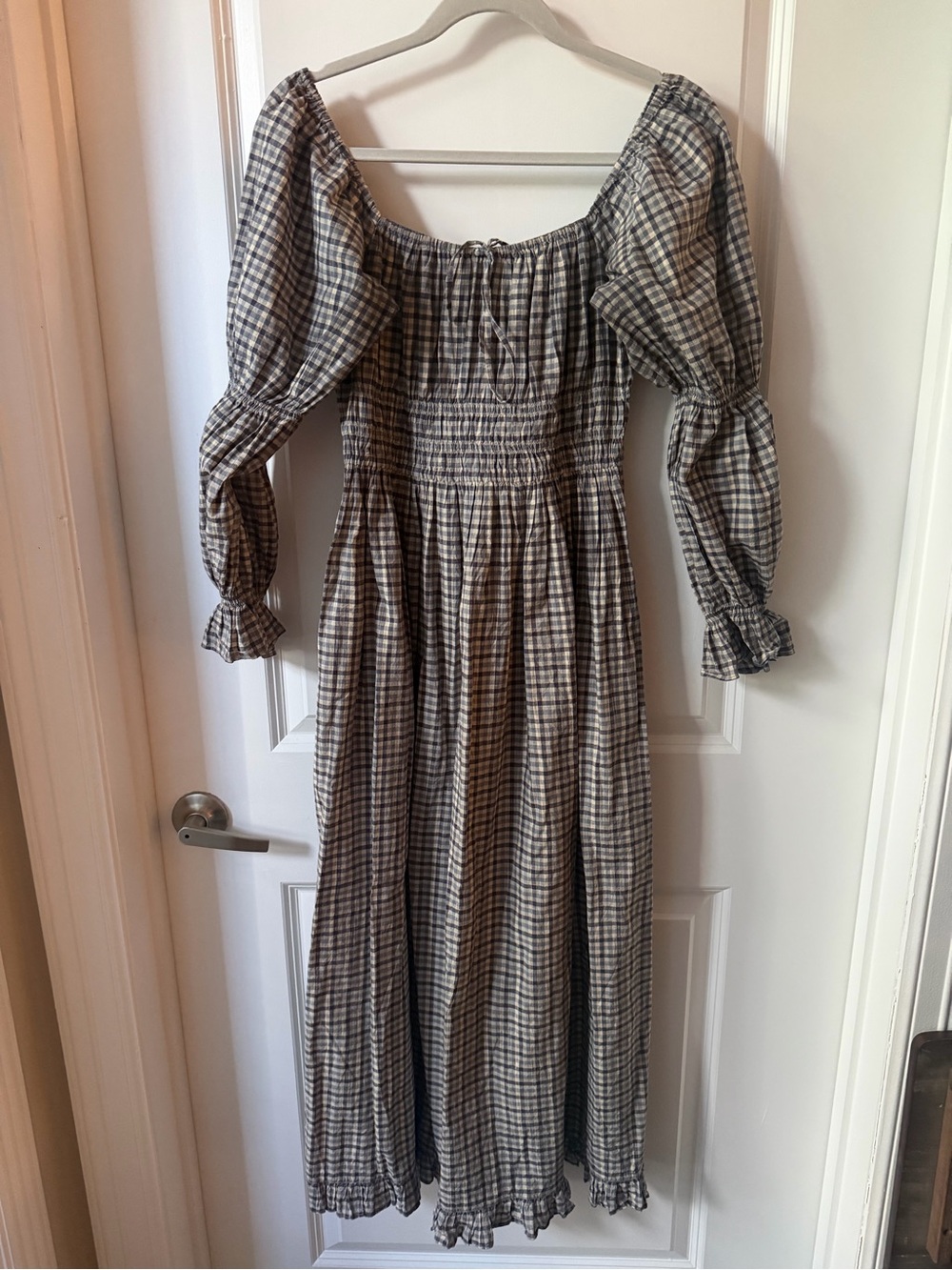 Christy Dawn Beige and Gray Plaid Midi Dress